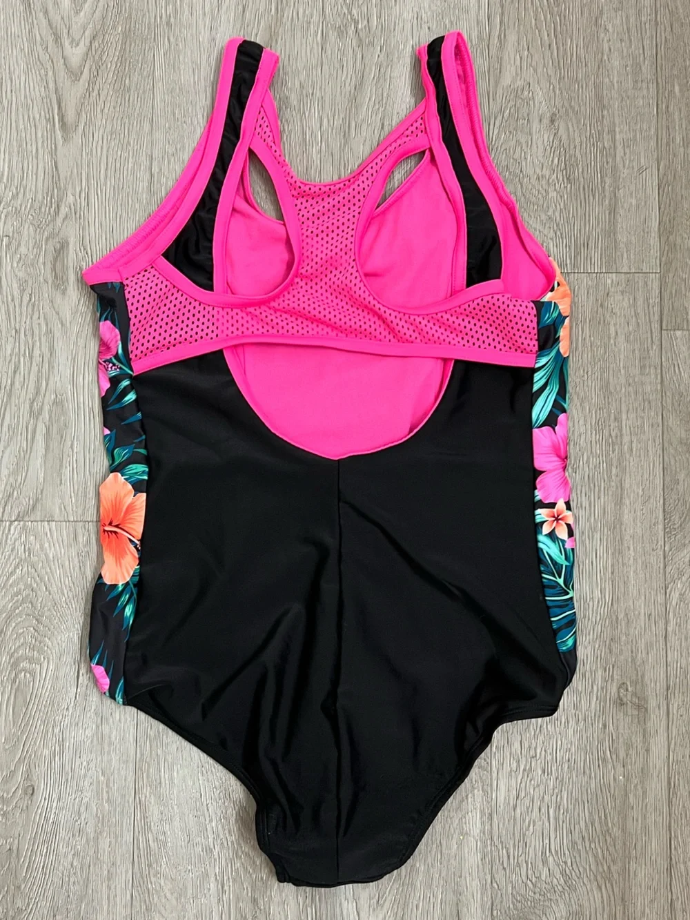 2XU Black One-Piece Swimsuit with Hot Pink Trim & Tropical Floral Panels